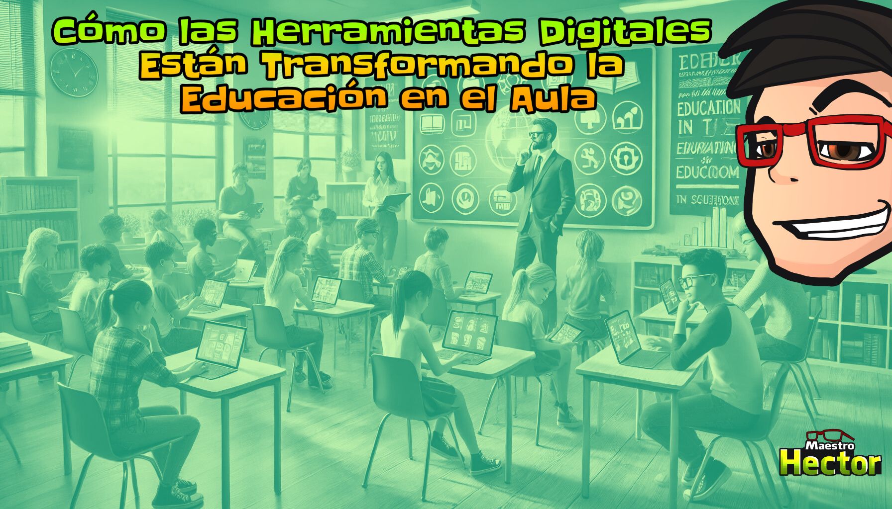 Un aula moderna con estudiantes diversos utilizando tablets y laptops, mientras un maestro con gafas interactúa con una pizarra inteligente mostrando iconos educativos. La luz natural ilumina la clase, destacando el uso de herramientas digitales en la educación.